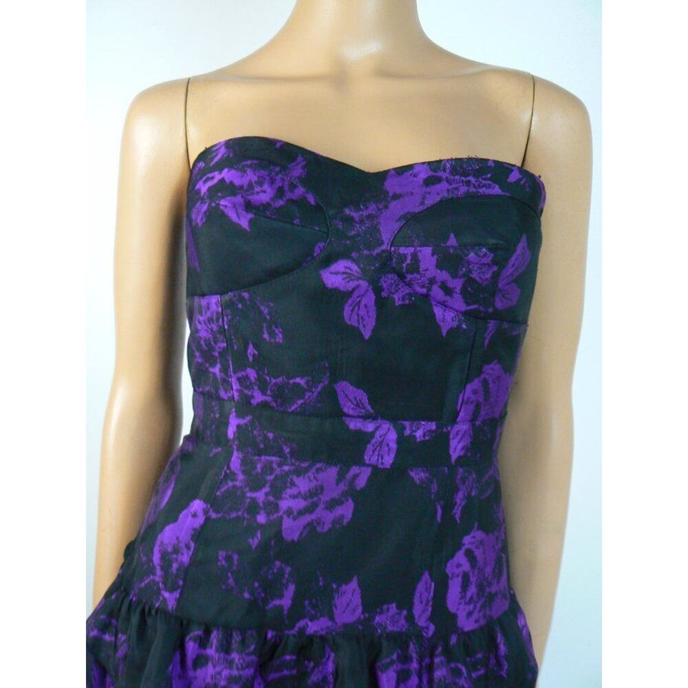 $168 Ali Ro Black Purple Floral Sateen Tiered Sweetheart Dress 6 NEW A866 - Picture 2 of 7